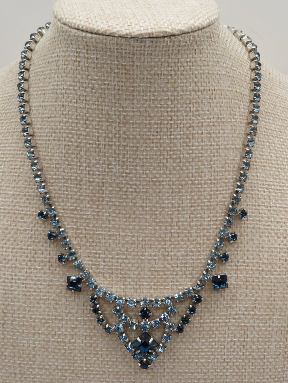 Vintage Blue Rhinestone Silver Tone Choker Style Necklace